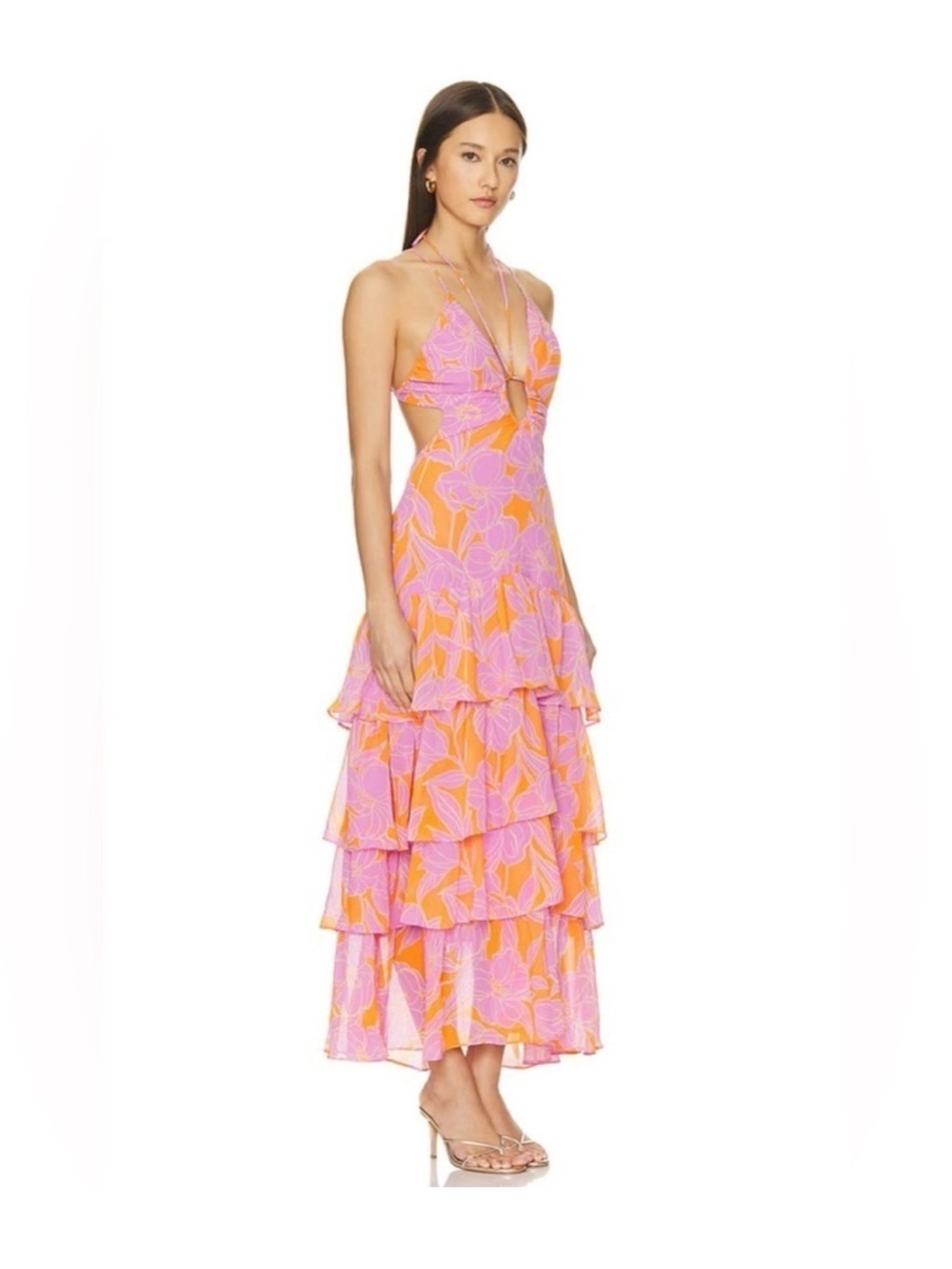ASTR The Label Women's Large Aneira Dress
Orange Purple Floral Maxi Ruffle Strap